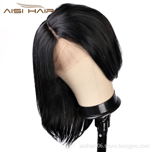 Aisi Hair 16 Inch Medium Long Natural Black Swiss Lace Wig Natural Straight Brazilian Human Hair Lace Front Wigs For Black Women